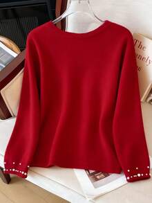 SHEIN Maglietta a maniche lunghe con collo rotondo e decorazione di perle, moda donna - Rosso - Visualizzare 2
