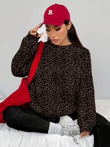 SHEIN EZwear 2pcs/Set Women's Black Casual Loose Crew Neck Sweatshirt & Skinny Leggings Pants With Leopard Pattern - Minimalist Vintage Retro Streetwear For Sports, Fitness, Gym, Skiing, Back To School, Autumn/Win - Multicolor - View 3