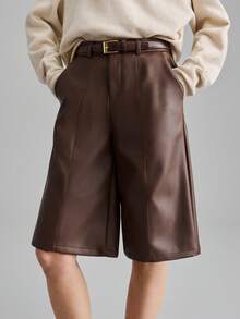 Ontre 2026春夏新款女士PU皮革开衩阔腿6英寸短裤，都市通勤商务休闲优雅派对装扮 - 棕色 - 查看 6