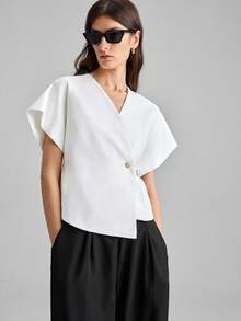 Ontre 2026春夏V领收腰宽松商务休闲沙滩生日派对休闲都市简约时尚通勤单扣蝙蝠袖时尚衬衫 - 白色 - 查看 5