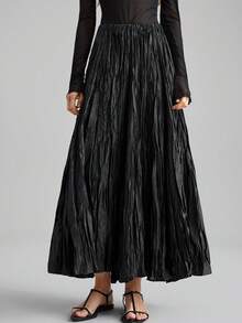 Ontre 2026春夏纯色弹力腰褶皱纹理面料长款休闲裙，优雅浪漫休闲通勤办公皆宜，适合婚礼宾客、海滩度假、音乐节、派对等场合。 - 黑色 - 查看 6