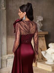 Aureia 优雅、奢华、高贵、华丽、祖母绿、亮片面料、缎面拼接、长袖、鱼尾下摆、拖尾，适合度假、婚礼、单身派对、正式舞会、晚宴等场合的礼服 - 酒紅色 - 查看 2