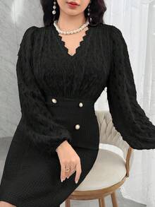 Modelyn Damen Kontrast Spitze V-Ausschnitt Laternärmel Knopfdesign figurbetontes elegantes Kurzkleid - Schwarz - Übersicht 1