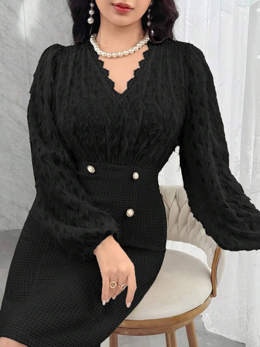 Modelyn Damen Kontrast Spitze V-Ausschnitt Laternärmel Knopfdesign figurbetontes elegantes Kurzkleid - Schwarz - Übersicht 1