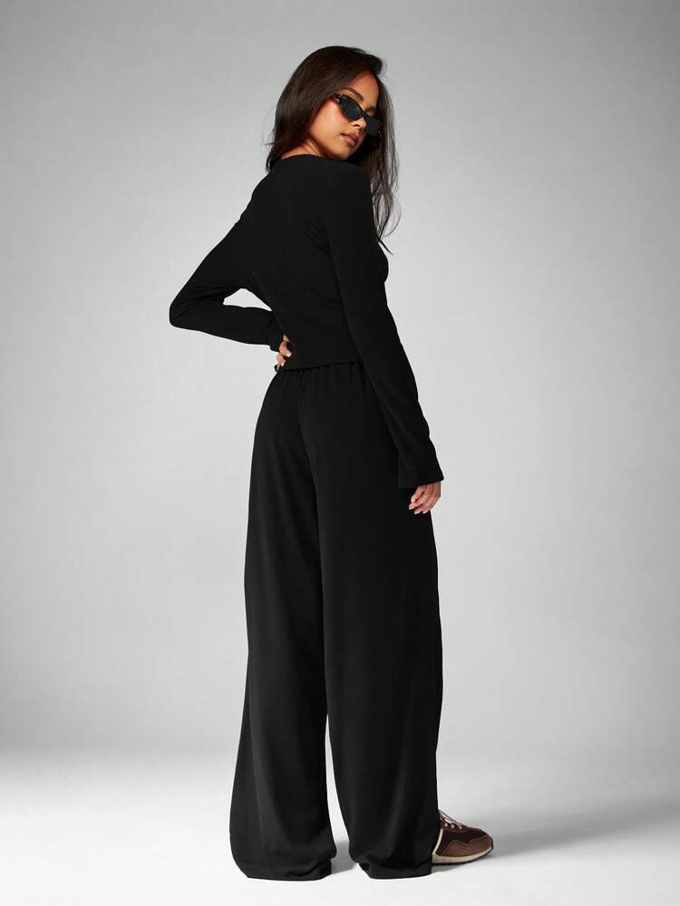 MISSGUIDED Soft Touch Two Piece Coord Set Long Sleeve Crop Top Wide Leg Pants Loungewear Casual Matching Outfit Fall Winter