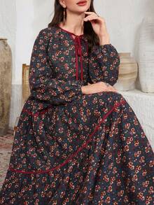 Al Najma Plus Size Linen Printed Loose Fit Round Neck Dress, Arabic Style For Women Abaya Plus Size Abaya Dubai - Multicolor - View 6