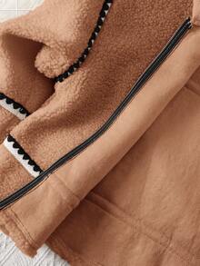 SHEIN 少女休闲街头风时尚拉链外套，仿皮领，撞色缎带饰边，宽松泰迪绒面料，秋冬款 - 棕色 - 查看 10