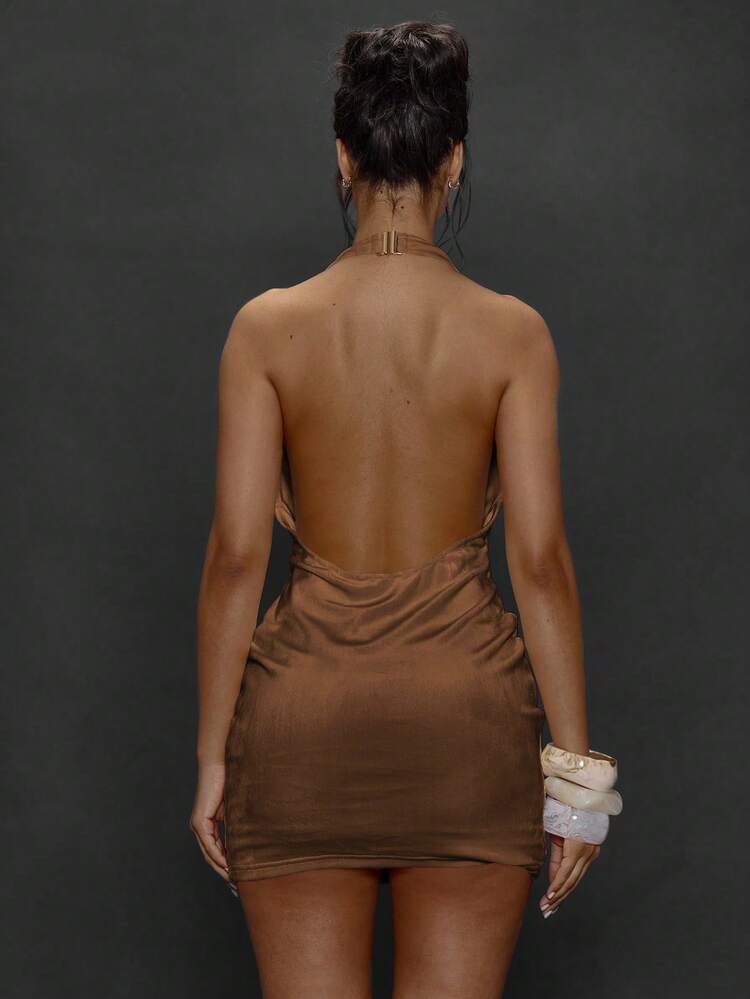 MUSERA Vestido Curto Halter Decotado nas Costas, Outono, Saída, Dia a Dia, Noite, Sexy, Streetwear, Festa, Chique, Primavera, Verão, Férias - Castanho - Visão 2