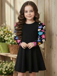 LMoss Kids Váy len cổ tròn tay dài họa tiết hoa chắp vá cho bé gái - màu đen - Xem 6