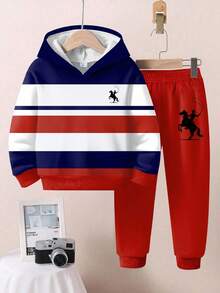 SHEIN 2 件套年轻男孩休闲宽松运动卫衣，拼色马术图案印花套头连帽衫，适合秋冬季