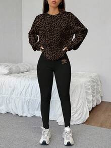 SHEIN EZwear 2pcs/Set Women's Black Casual Loose Crew Neck Sweatshirt & Skinny Leggings Pants With Leopard Pattern - Minimalist Vintage Retro Streetwear For Sports, Fitness, Gym, Skiing, Back To School, Autumn/Win - Multicolor - View 1