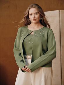 Anewsta 两件套加大码女士优雅珠宝装饰圆领长袖针织毛衣套装，适合圣诞节、新年派对等场合。 - 橄欖綠 - 查看 1