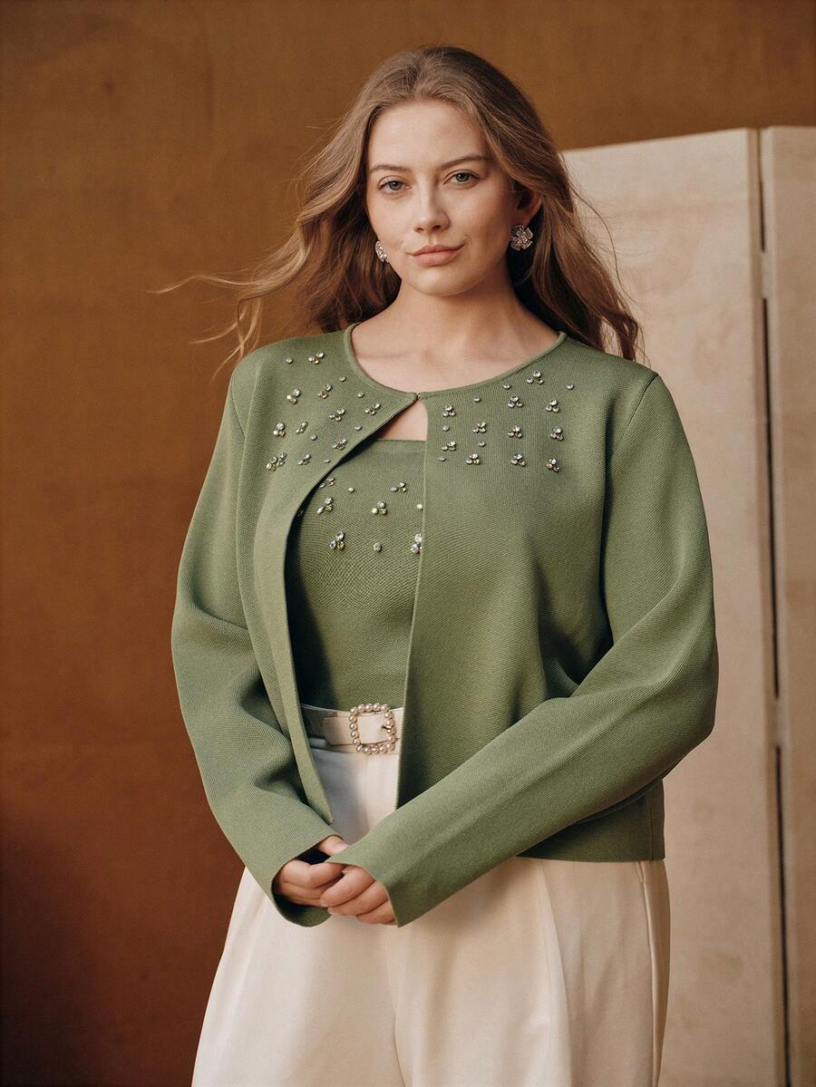 Anewsta 两件套加大码女士优雅珠宝装饰圆领长袖针织毛衣套装，适合圣诞节、新年派对等场合。 - 橄欖綠 - 查看 1