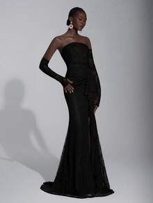 Elitara 优雅奢华的弹力蕾丝露肩无肩带连衣裙，配有可拆卸的薄纱袖子、美人鱼裙摆和性感开衩，适合婚礼、派对、度假、晚宴、正式活动、情人节等场合。 - 黑色 - 查看 6