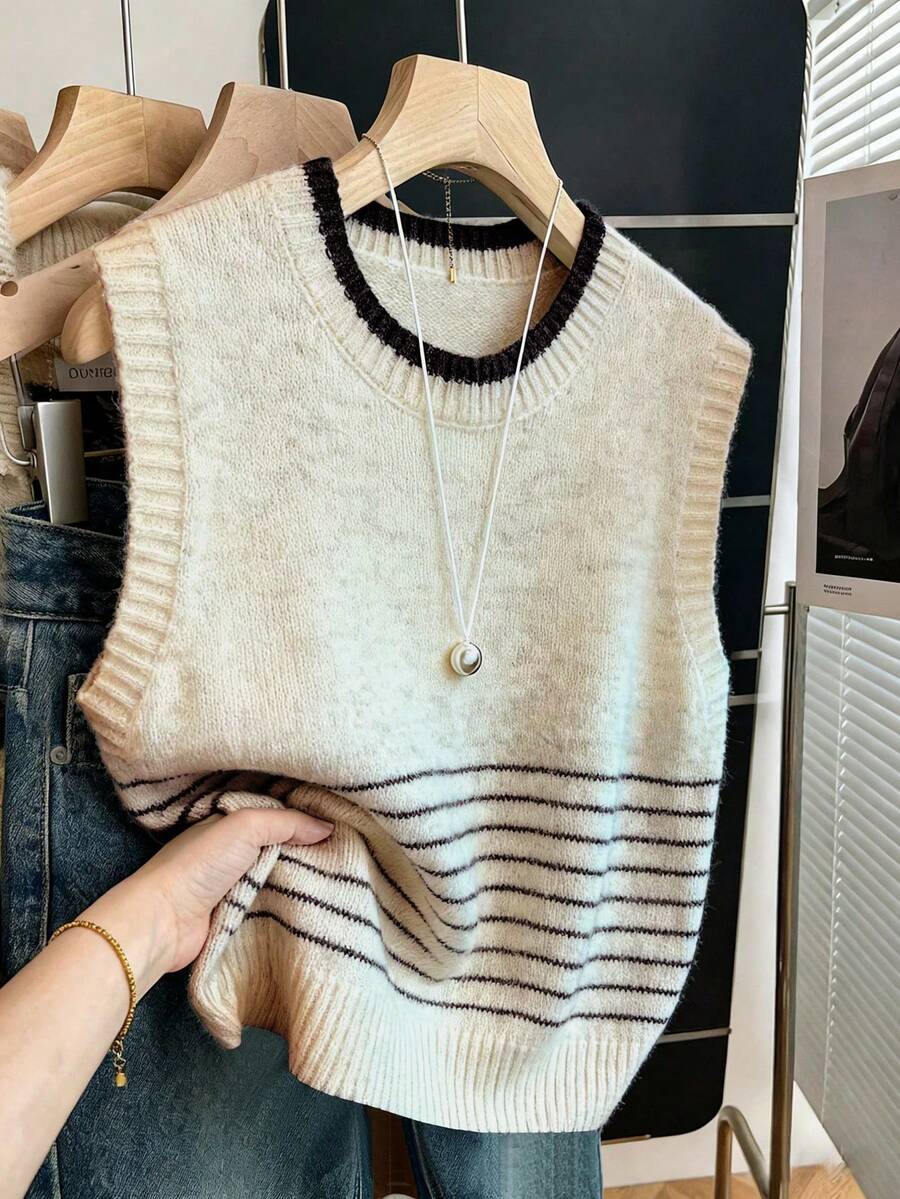 SHEIN Franclia New Casual Loose Minimalist Striped Contrast Color Women Sweater Vest Pullover, Autumn/Winter - Apricot - View 1