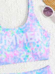 SHEIN 2件套少女彩色波浪纹弹力速干舒适针织面料沙滩装套装，适合海滩、泳池、海边、冲浪、度假、夏季、旅行 - 紫色 - 查看 7