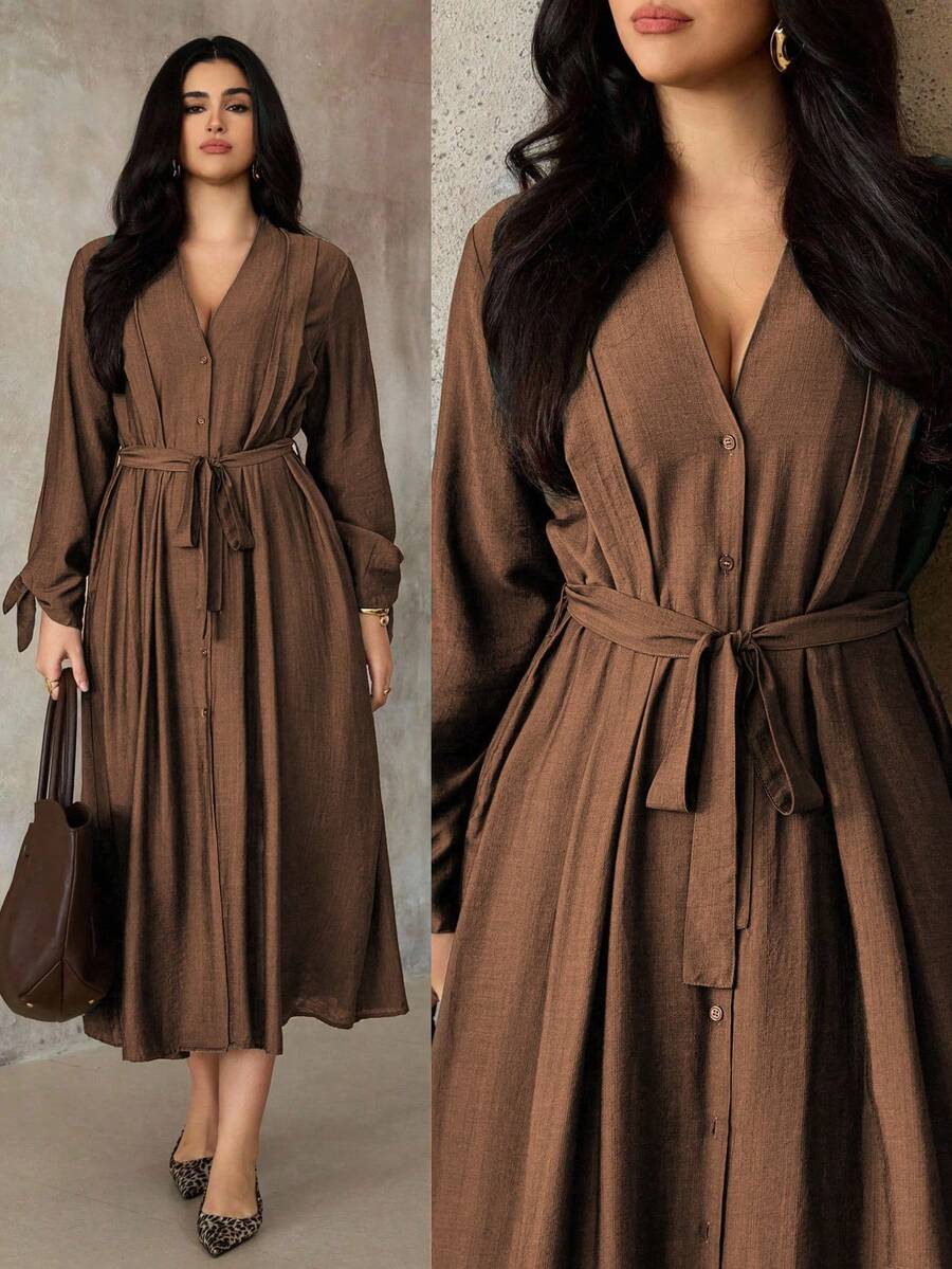 Roveilla 女士V领双层荷叶边领蝴蝶结长袖宽松衬衫，优雅法式浪漫甜美风格，适合办公室、休闲、街头、职场等场合，是秋冬季百搭衬衫，也适合感恩节、下午茶聚会、返校季等场合。 - 咖啡棕 - 查看 1