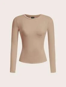 Tseoso 2pcs Women's Brown Khaki 95% Cotton Crew Neck Casual Fitted Long Sleeve T-Shirt Set, Suitable For Autumn/Winter - Multicolor - View 5