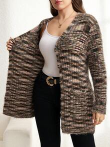 SHEIN LUNE Plus-Size Women's Pink And Grey Cardigan,Winter Casual Vacation Elegant Woolen Thickened Knitted Coat,Old Money Style Christmas Thanksgiving Clothing - Multicolor - View 5