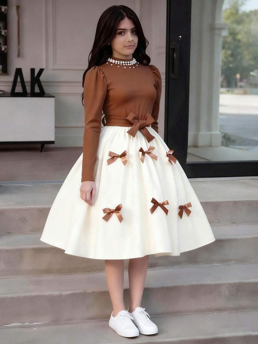 Sparklyn Váy dài tay màu sắc thanh lịch đính nơ và ngọc trai giả cho bé gái tuổi mới lớn - Nhiều màu - Xem 1