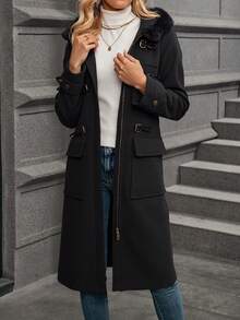 Chaqueta de abrigo vegetariana de moda para mujeres - capucha de piel diseñada para mantenerse caliente y cómoda, detalles de hebilla, adecuada para desplazamientos de invierno, ropa de oficina, salidas de fin de semana, artículos de moda necesarios - Negro - Ver 2