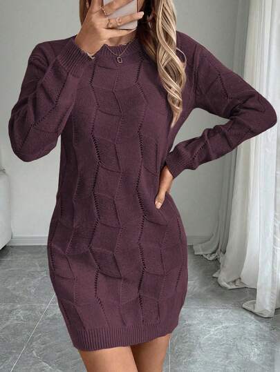 EMERY ROSE Women's Loose Casual Round Neck Drop Shoulder Long Sleeve Knitted Sweater Dress, Autumn/Winter