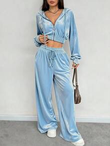 SHEIN EZwear Bộ 2 áo hoodie và quần dài màu xanh nhạt thường ngày dành cho nữ, trang phục Giáng sinh 2 món - Màu xanh nhạt - Xem 5
