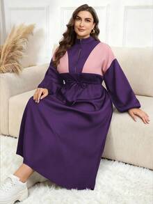 Modelyn 撞色抽绳腰带拉链落肩长款连衣裙女装 - 紫色 - 查看 2