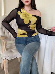 Modelyn Women's Black Solid Color Mesh Contrast Mesh Printed Asymmetric Ruched Plus Size T-Shirt - Yellow - View 5