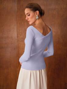 MOTF PREMIUM 法式不对称休闲露肩针织长袖毛衣，修身保暖内层，适合秋冬季穿着 - 淡紫色 - 查看 5