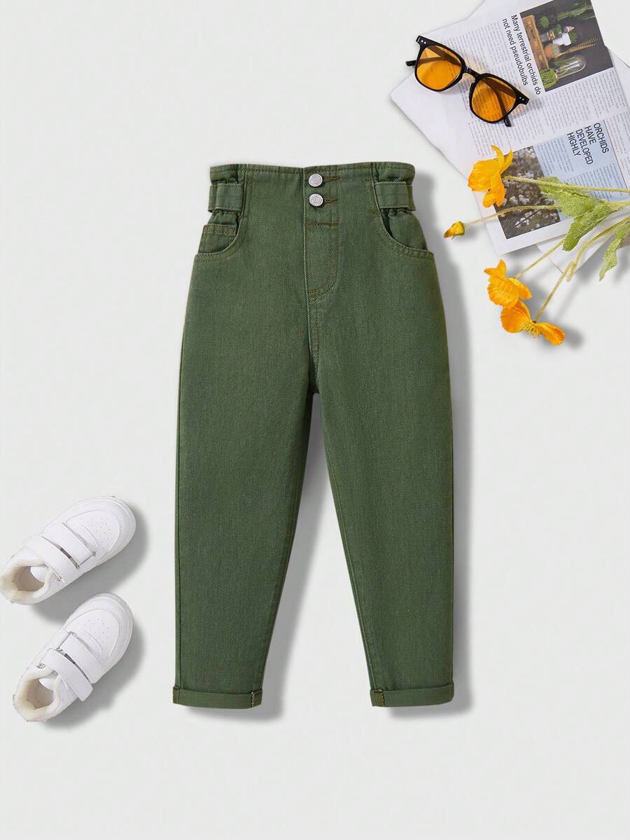 Girls' Casual Floral Waist Denim Jeans, Fashion & Versatile - Army Green - View 1