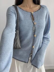 Livesso Áo thun dệt kim dài tay khoét lỗ dáng rộng thoải mái cho nữ với họa tiết sọc khối màu, phong cách đường phố thời trang cho mùa xuân và mùa thu - Màu xanh lam - Xem 6