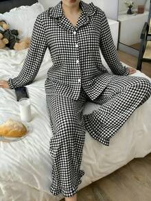 加大码格子翻领睡衣套装