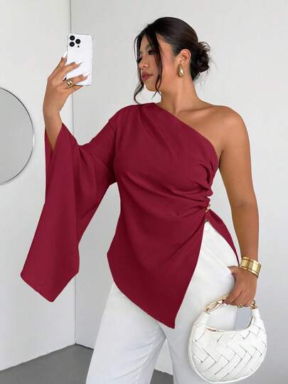 Firerie Plus Size Women's Elegant New Fashion Vacation Daily Single Shoulder Extra Long Sleeve Waist Ruched Slimming Metal Decor Yellow Blouse/Valentine's Day/Concert/Performance/Date/Formal Dinner/Prom/Wedding Season/Sexy/Graceful/Commute/Back To School/Vacation/Beach/Romantic Chic/Office Diva/Mermaid Vibe/Birthday Party Outfit