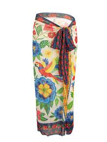 Swim Oasis 大码女士热带印花两件式泳衣，带网纱长裙，深V领设计 - 彩色 - 查看 5