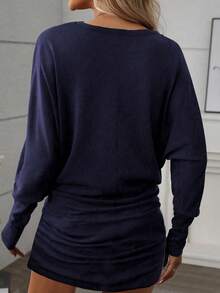 EMERY ROSE Váy midi xếp ly tay dài hở vai, dáng rộng, màu xanh navy, thường ngày thu/đông - Màu xanh hải quân - Xem 2