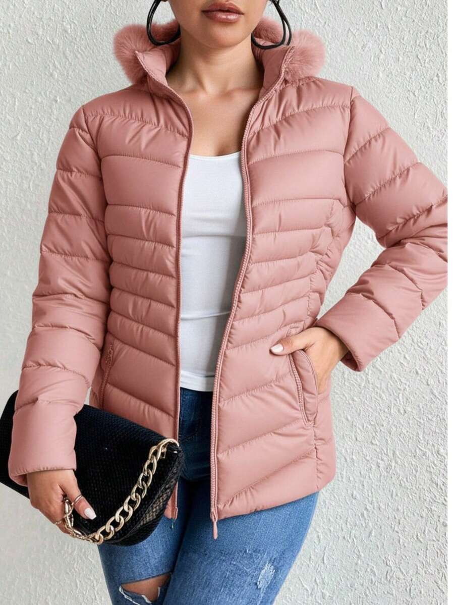 Chamarra Acolchada Mujer con Capucha y Pompones, Estilo Ligero y Calientito - Rosa - Ver 1