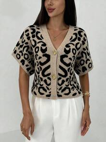 Aloruh Women's French Casual Elegant Leopard Print Button Front Short Sleeve Cardigan Autumn Winter Clothes For Women,Fall,Fall Clothes For Women - Multicolor - View 4