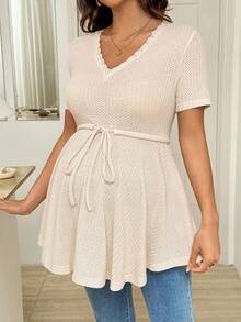 SHEIN 孕妇V领蕾丝腰带设计休闲短袖T恤，夏季、春季女装、春假 - 卡其色 - 查看 6