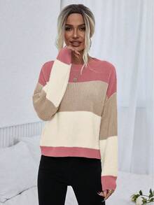 EMERY ROSE Áo len nữ dài tay cổ tròn, vai rớt, phối màu tương phản, kiểu dáng thường ngày, thích hợp cho mùa thu/đông, áo dài tay, áo len chui đầu mùa thu. - Nhiều màu - Xem 7