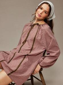 WESTFADE Plaid Check Woven Tie Front Drawstring Long Puff Sleeve Contrast Crochet Lace Mini Dress Winter, Boho, Western Wear, Holiday, Christmas, NYE, New Year, Nashville Cowgirl, Casual, Cute - Multicolor - View 2