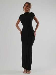 MUSERA Mock Neck Button Through Fitted Short Sleeve Cute Casual 90's Y2k Maxi Dress For Spring Summer Vacation Holiday Festival Concert Fall Night Out Wedding Guest Elegant Date Night Fall Valentines Long Dress - Black - View 4