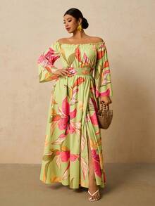 Travachic Robe longue à manches longues et imprimé floral vert pour femmes grandes tailles, robe longue à épaules dénudées avec taille cintrée et fente avant en forme de ligne A, robe romantique pour un rendez-vous au début du printemps - Vert - Voir 5