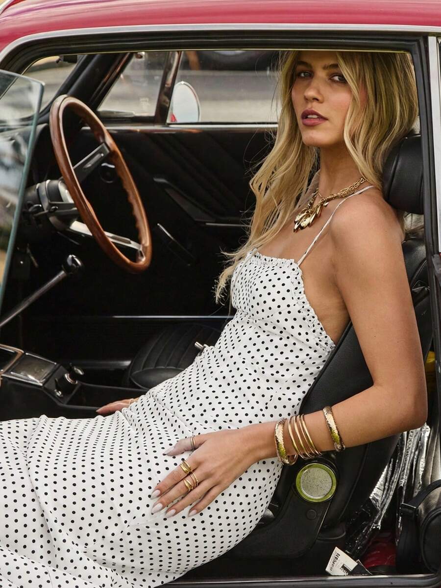 Aralina Fall / Winter Halter Neck Tie Up Polka Dot Y2K Maxi Dress With Ruffle Detail For Going Out And Night Out Dress Perfect For Homecoming - White - View 1
