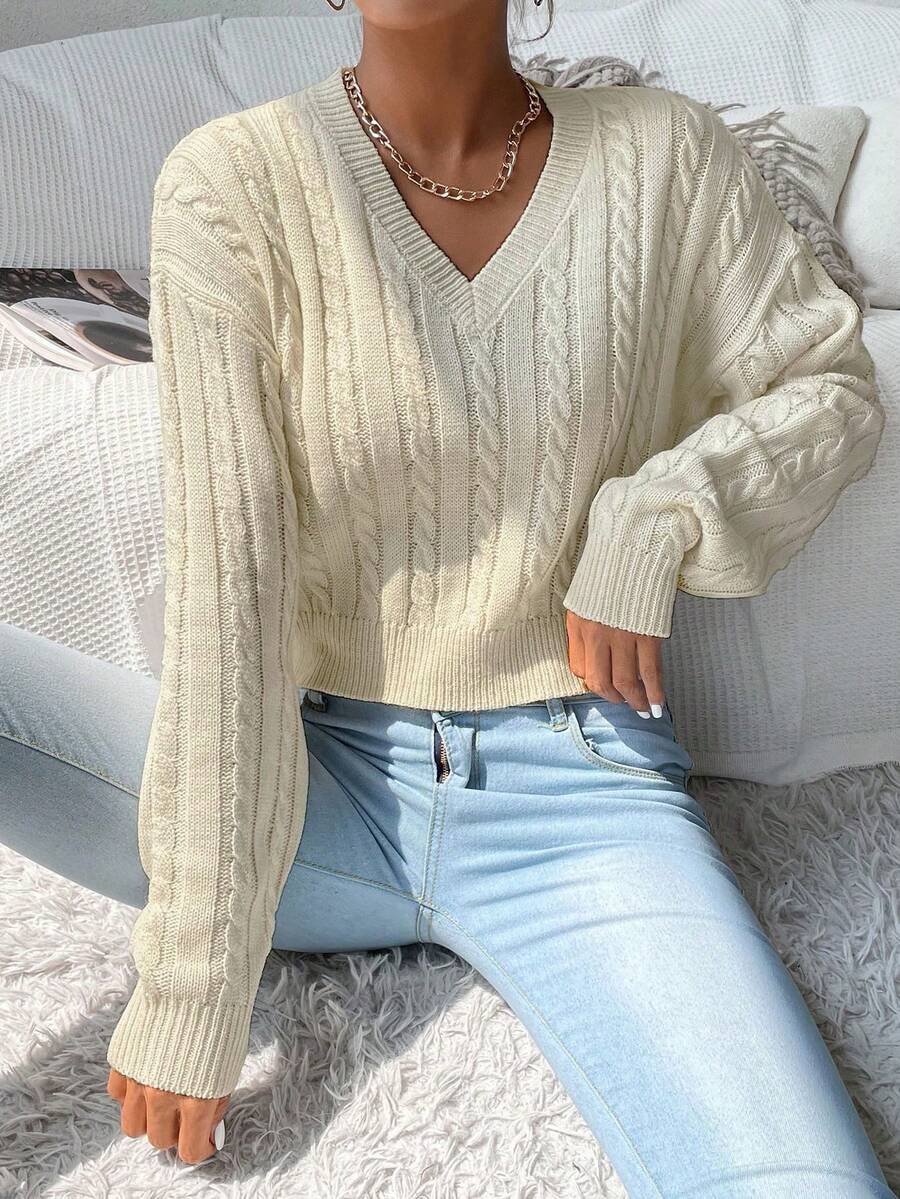 RosyDaze 纯色V领落肩长袖休闲绞花针织套头毛衣 - 杏色 - 查看 1