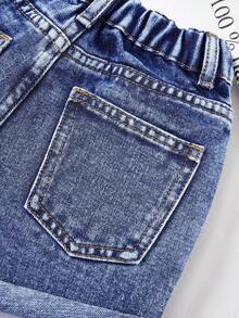 SHEIN Young Girl' Casual Versatile Wide Leg Loose Distressed Cuffed Denim Shorts - Medium Wash - View 5