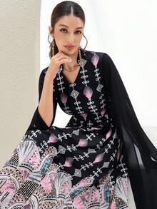 Al Najma Đầm dự tiệc cao cấp họa tiết hoa tay bồng thiết kế mới, eo cao, thanh lịch - Nhiều màu - Xem 1