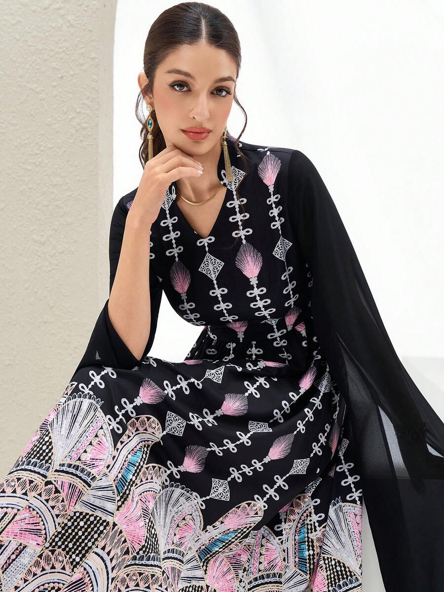 Al Najma Đầm dự tiệc cao cấp họa tiết hoa tay bồng thiết kế mới, eo cao, thanh lịch - Nhiều màu - Xem 1