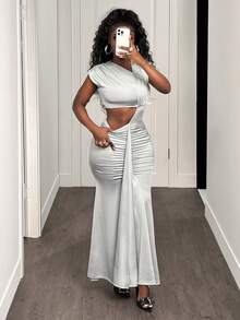 BamGleam Solid Color Pleated Splice Off-Shoulder Fitted Crop Waist High Slit Elegant Sexy Dress For Women - Silver - View 5
