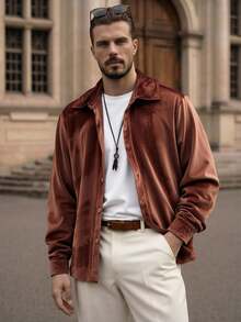 Manfinity NXTstreet 男士休闲百搭纯色丝绒衬衫，秋季红白配色，长袖上衣 - 棕色 - 查看 2